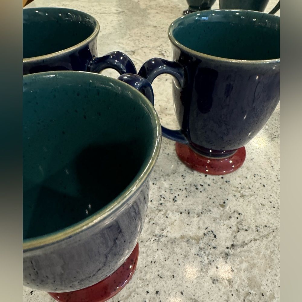 Denby Harlequin Stoneware Blue outside, green interior, red Footed Coffe…